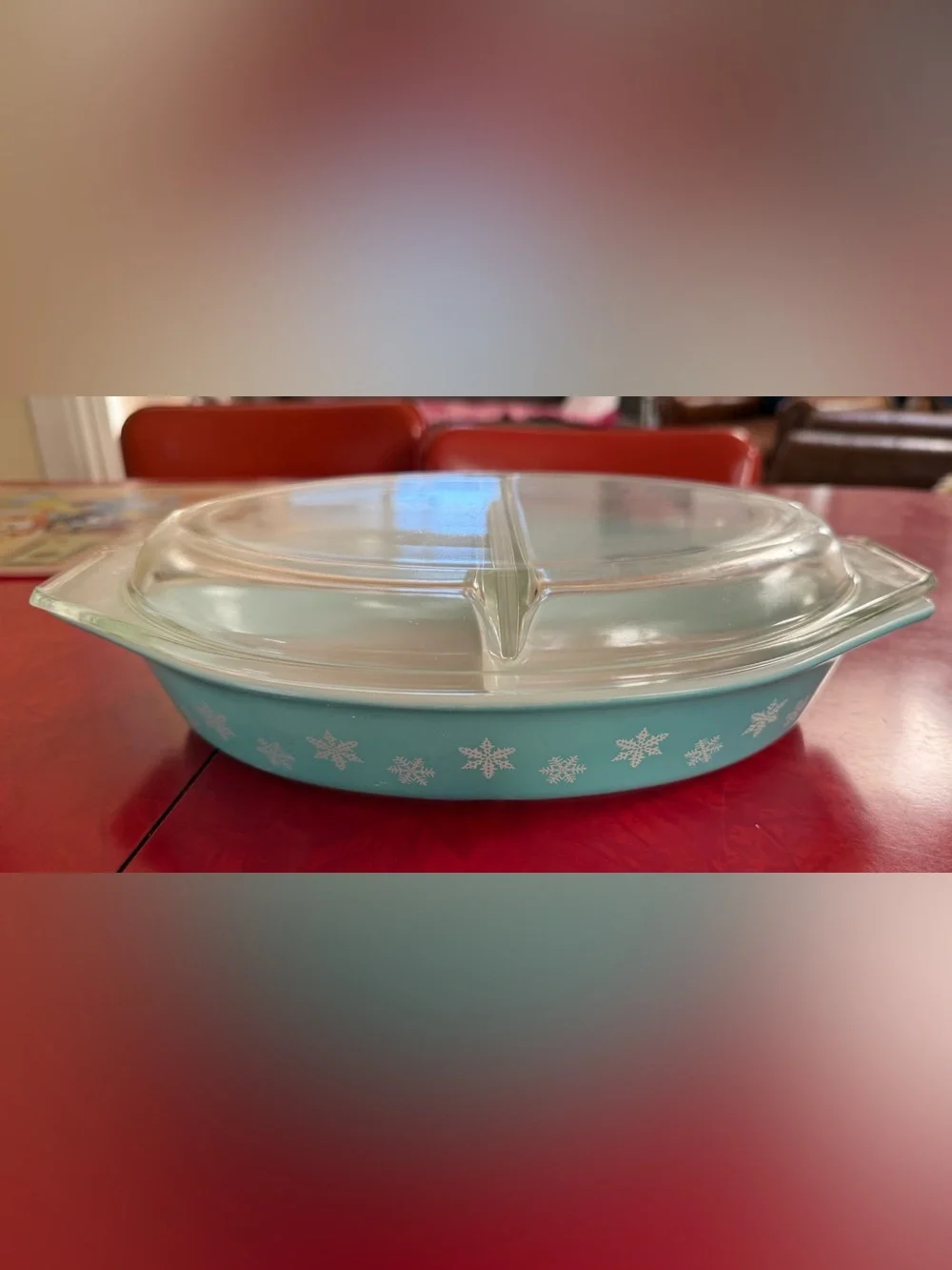 Vintage Pyrex Turquoise Snowflake Divided Casserole Dish 1.5 QT with Lid